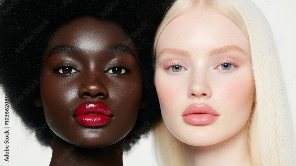 A full body zoom of two models: an African female model with black afro hair and brown eyes gazing into the camera alongside a white female model with ice blonde hair and blue eyes in editorial poses. A full body zoom of two models: an African female model with black afro hair and brown eyes gazing into the camera alongside a white female model with ice blonde hair and blue eyes in editorial poses.
