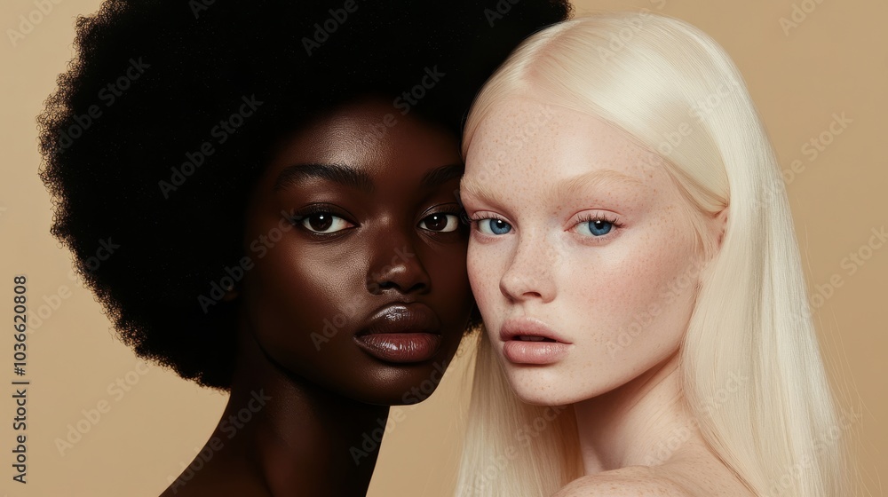 A full-body zoom of two models: an African female model with black afro hair and brown eyes gazing into the camera, and a white female model with ice blonde hair and blue eyes in editorial poses. A full-body zoom of two models: an African female model with black afro hair and brown eyes gazing into the camera, and a white female model with ice blonde hair and blue eyes in editorial poses.