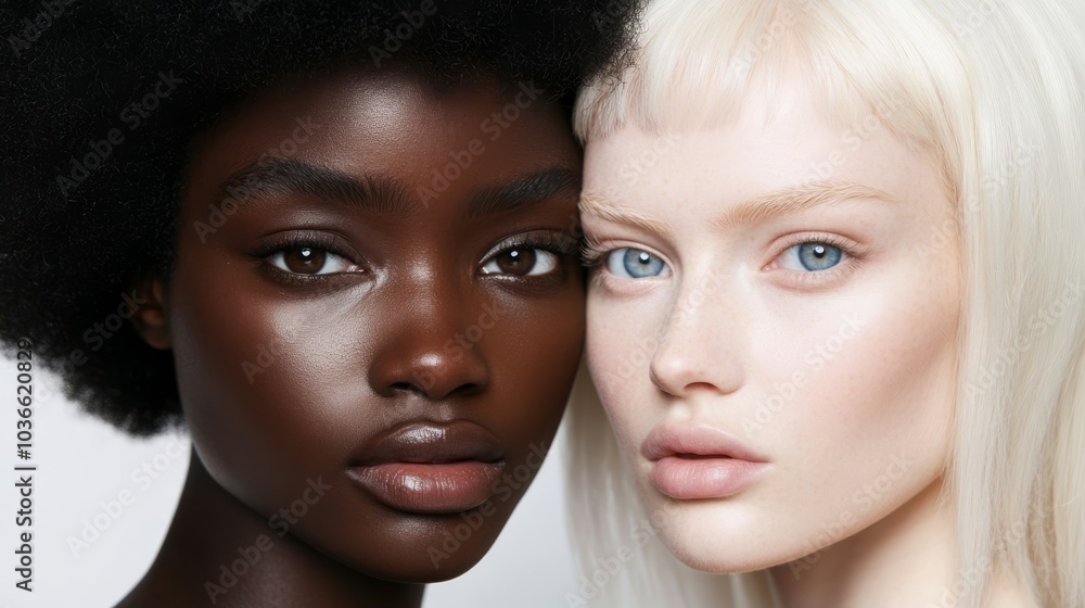 A full body zoom of two models: an African female model with black afro hair and brown eyes gazing at the camera alongside a white female model with ice blonde hair and blue eyes in editorial poses. A full body zoom of two models: an African female model with black afro hair and brown eyes gazing at the camera alongside a white female model with ice blonde hair and blue eyes in editorial poses.