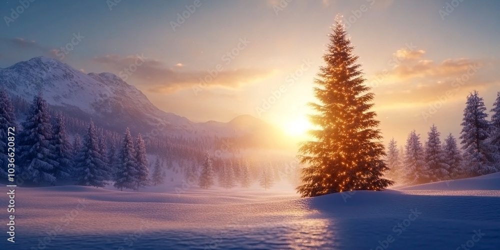 Serene Winter Wonderland: Snowy Hills, Pine Trees, and a Glowing Christmas Tree in a Peaceful Holiday Landscape