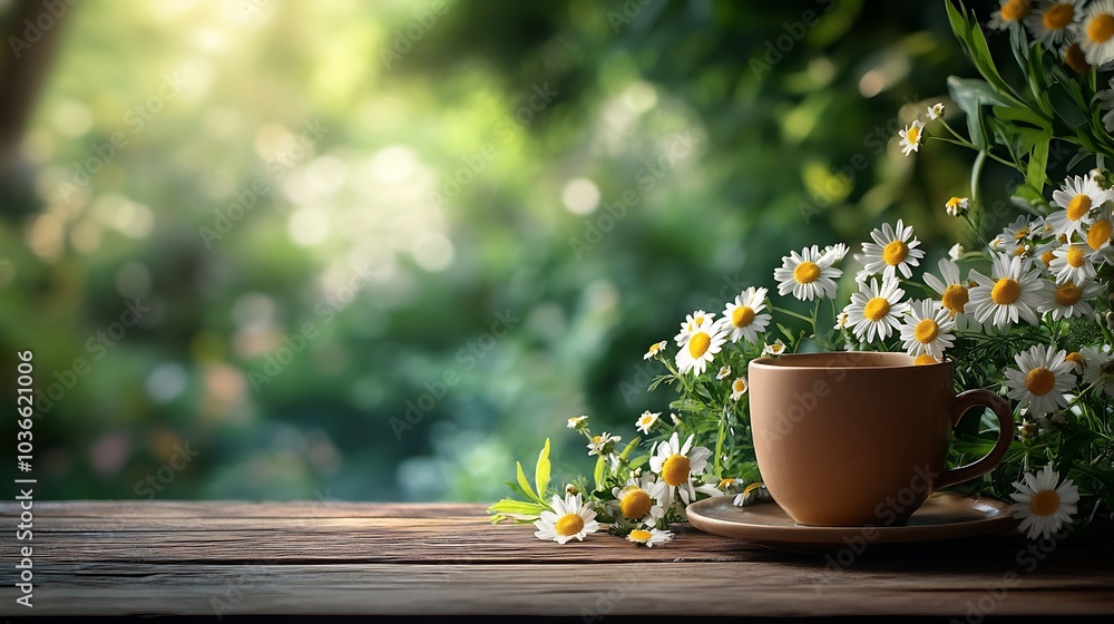 Beautiful wooden table adorned with a cup overflowing with fragrant chamomile flowers set against a lush green garden backdrop inviting the warmth of spring and space for your text Beautiful wooden table adorned with a cup overflowing with fragrant chamomile flowers set against a lush green garden backdrop inviting the warmth of spring and space for your text