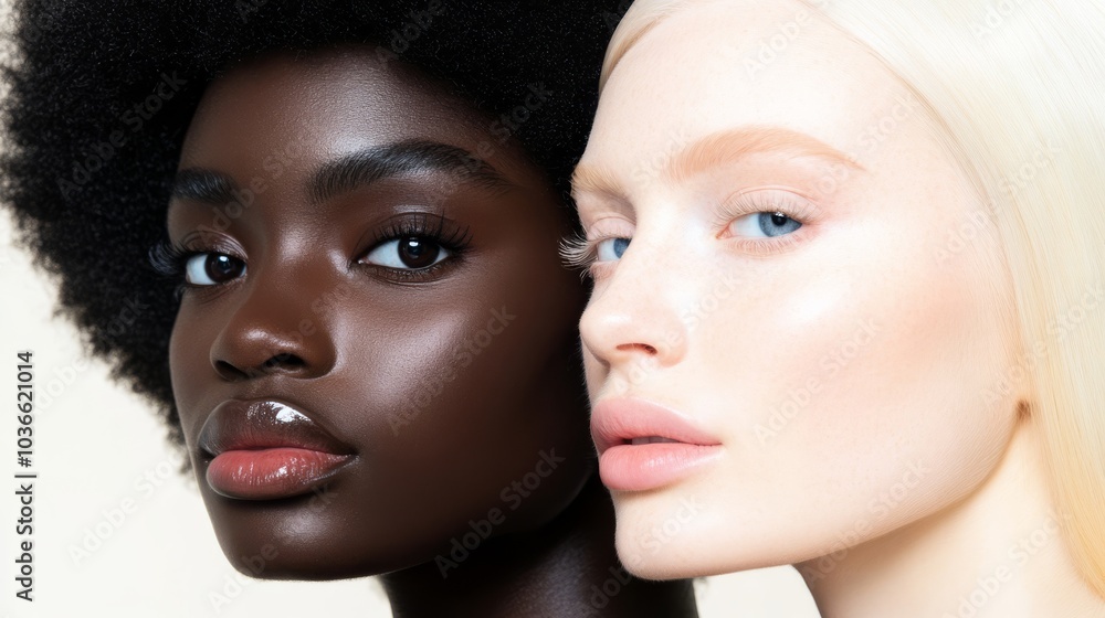 A full body zoom of two models, an African female with black afro hair and brown eyes gazing into the camera, and a white female with ice blonde hair and blue eyes in editorial poses. A full body zoom of two models, an African female with black afro hair and brown eyes gazing into the camera, and a white female with ice blonde hair and blue eyes in editorial poses.