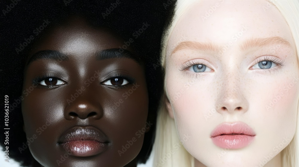 A full body zoom of two models, an African female with black afro hair and brown eyes gazing into the camera, and a white female with ice blonde hair and blue eyes in editorial poses. A full body zoom of two models, an African female with black afro hair and brown eyes gazing into the camera, and a white female with ice blonde hair and blue eyes in editorial poses.