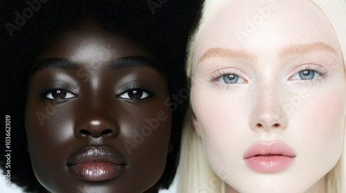 A full body zoom of two models, an African female with black afro hair and brown eyes gazing into the camera, and a white female with ice blonde hair and blue eyes in editorial poses.