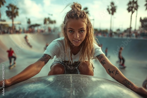 Female skaters doing stunts at skate park, Generative AI