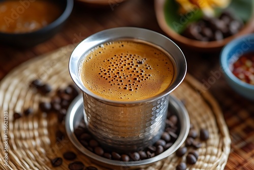 Traditional South Indian Filter Coffee Served in Metal Tumbler with Coffee Beans