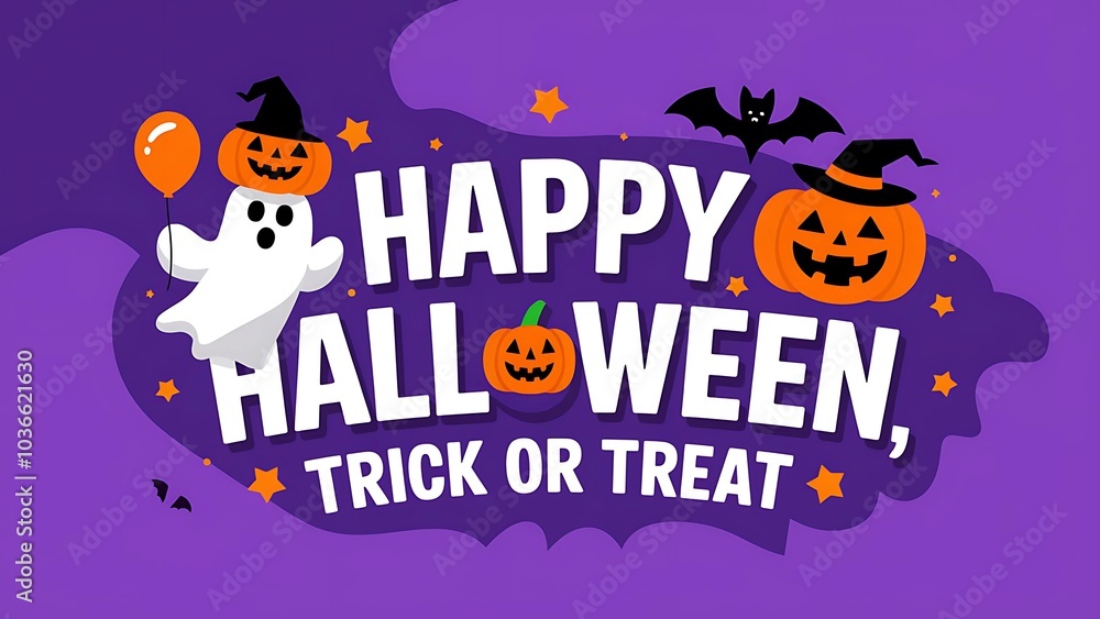 Happy Halloween Trick or Treat Banner with Smiling Pumpkin, Ghost with Balloon, and Flying Bats on Purple Background - EPS 10 Vector Happy Halloween Trick or Treat Banner with Smiling Pumpkin, Ghost with Balloon, and Flying Bats on Purple Background - EPS 10 Vector