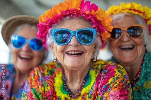 Happy senior citizens having fun in colourful clothing, Generative AI