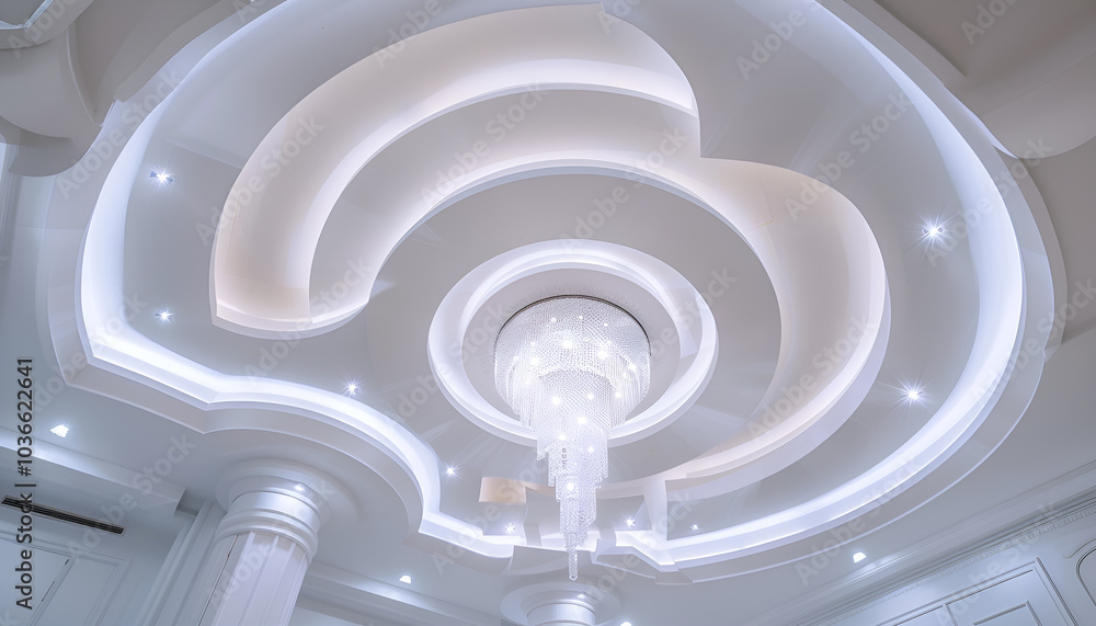 Fototapeta premium White ceiling with modern lighting in room, low angle view