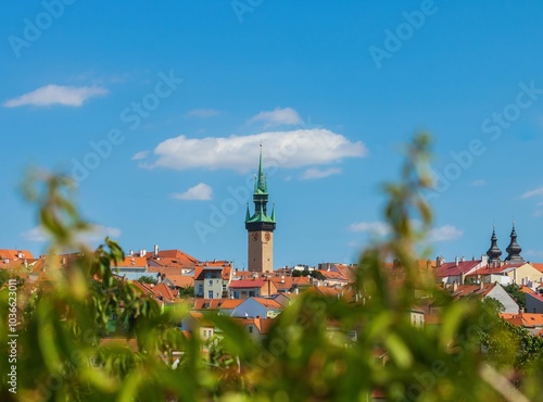 Historic clock tower and rooftops under blue sky