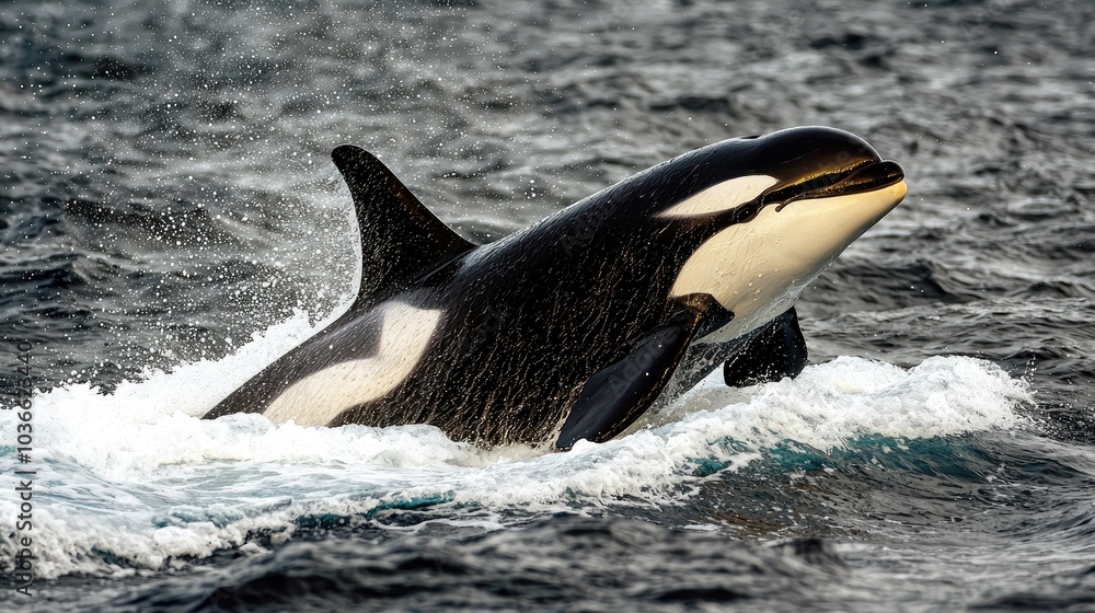 Obraz premium A majestic orca whale leaps out of the water, creating a splash of spray.
