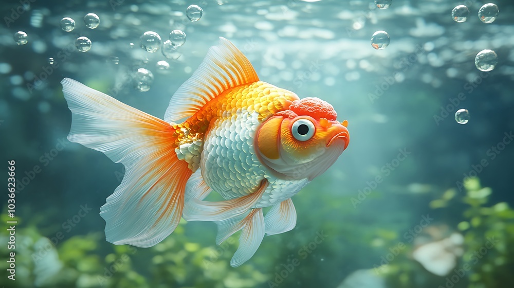 A realistic 3D render of an Oranda goldfish displaying its distinctive features swimming in a spacious aquarium with bubbles rising A realistic 3D render of an Oranda goldfish displaying its distinctive features swimming in a spacious aquarium with bubbles rising