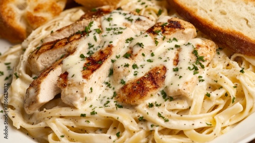 A hearty plate of chicken alfredo pasta with tender pieces of grilled chicken, fettuccine pasta, and creamy Alfredo sauce