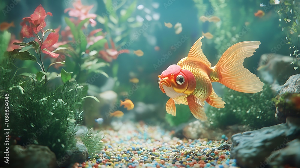 A detailed 3D render of an Oranda goldfish in a fish tank with colorful gravel and floating plants creating a lively environment A detailed 3D render of an Oranda goldfish in a fish tank with colorful gravel and floating plants creating a lively environment
