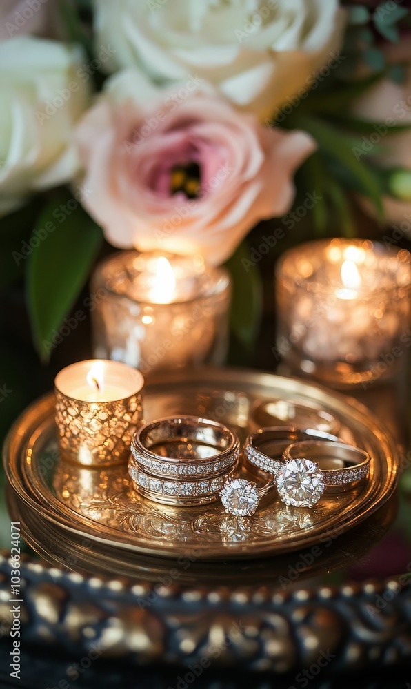 Wedding rings and candles on a tray. Wedding rings and candles on a tray.
