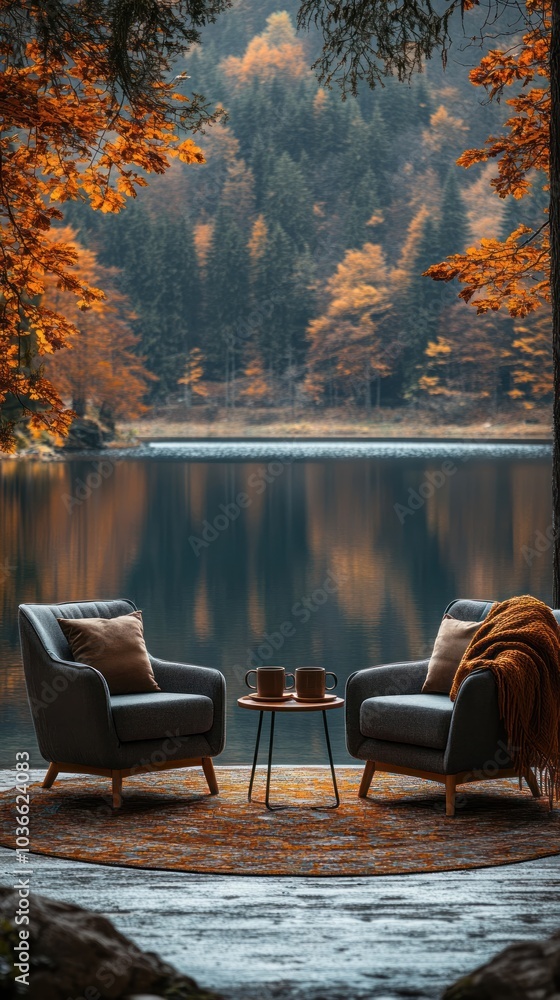 Fototapeta premium Comfortable armchairs by reflective autumn water view.