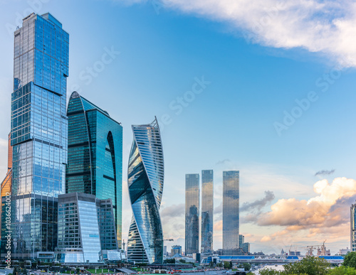 High buildings of Moscow-City at Moskva River at summer sunset, Russia.