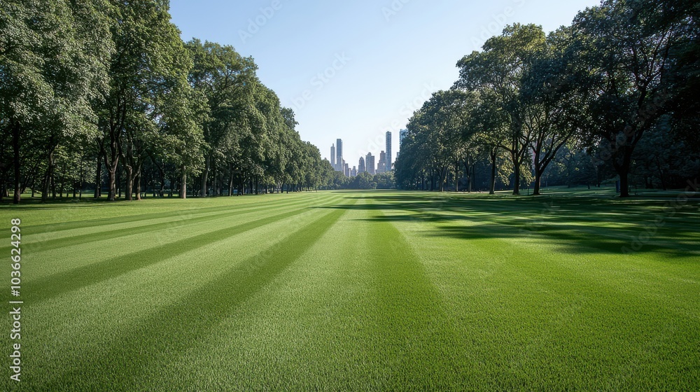 serene park landscape featuring tall trees and lush green lawns, with view of city skyscrapers in background. vibrant greenery creates peaceful atmosphere serene park landscape featuring tall trees and lush green lawns, with view of city skyscrapers in background. vibrant greenery creates peaceful atmosphere