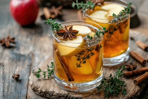 cozy autumn apple pie cocktail with cinnamon thyme