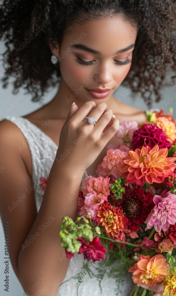 A bride with curly hair holds a bouquet of colorful