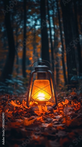 Glowing lantern among vibrant autumn forest leaves