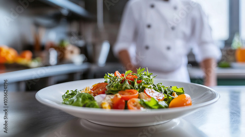 Fototapeta Naklejka Na Ścianę i Meble -  A plate with salad on a kitchen table against the background of a chef in a restaurant