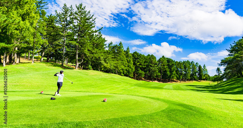 Obraz premium ゴルフ を プレー する 日本人 女性 ゴルファー 【 夏 秋 golf の イメージ 】