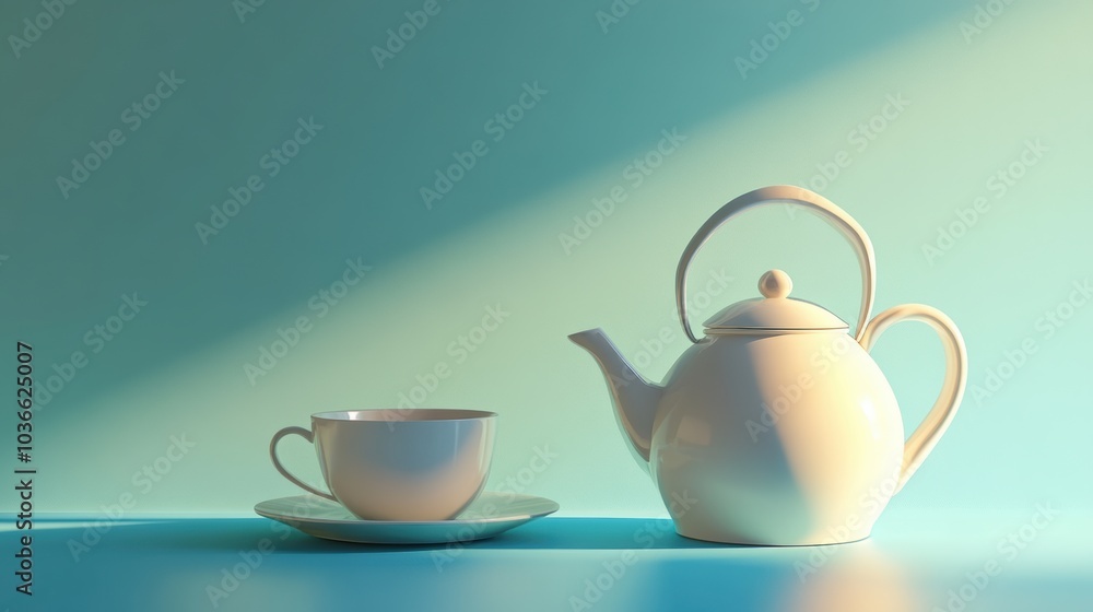 A white tea kettle and a delicate cup are placed on a surface, softly lit by sunlight, creating a calm and inviting atmosphere. Generative AI A white tea kettle and a delicate cup are placed on a surface, softly lit by sunlight, creating a calm and inviting atmosphere. Generative AI