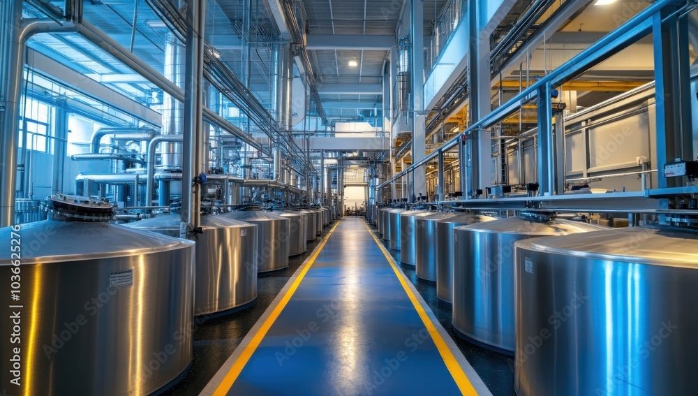 Industrial Factory with Stainless Steel Tanks and Blue Floor Industrial Factory with Stainless Steel Tanks and Blue Floor