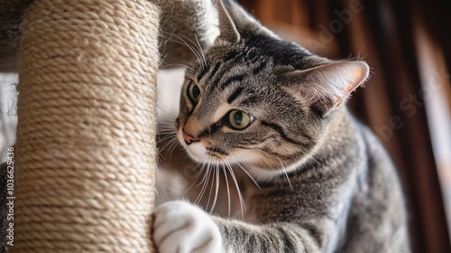 Tabby cat intensely focused on scratching activity photo