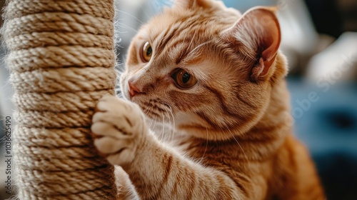 Curious ginger cat clawing at a rope-wrapped post.