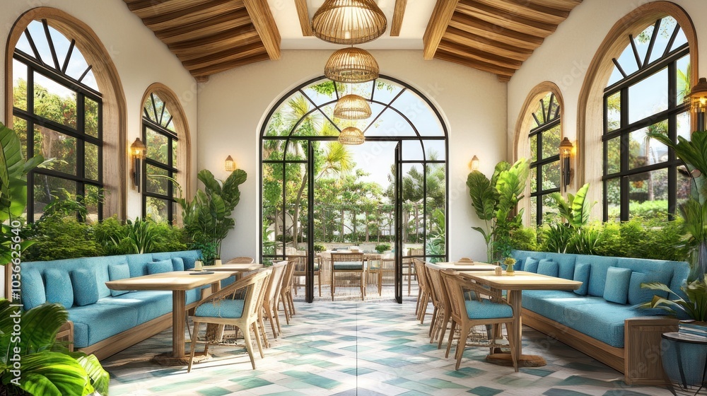 Modern cafe interior with blue sofa, wooden chairs, and large windows overlooking lush greenery. Modern cafe interior with blue sofa, wooden chairs, and large windows overlooking lush greenery.