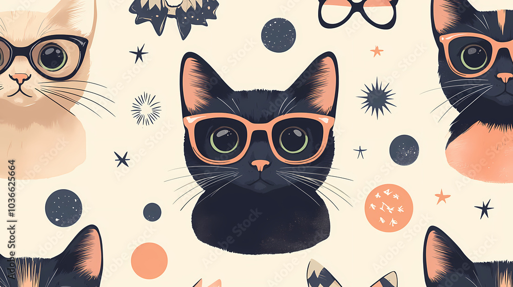 Fototapeta premium Seamless pattern with cute fashionable cats. Vector graphics.