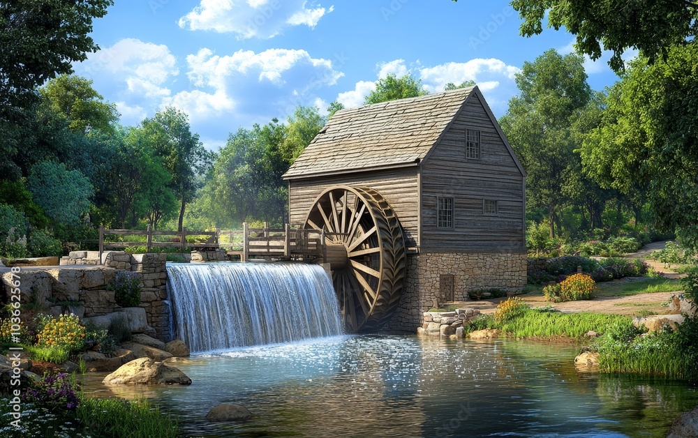 A serene watermill beside a flowing stream, surrounded by lush greenery and a clear blue sky. A serene watermill beside a flowing stream, surrounded by lush greenery and a clear blue sky.