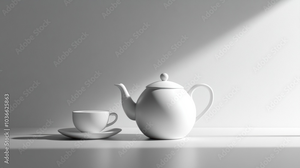 A simple white tea kettle sits next to an elegant cup on a table, illuminated by gentle sunlight creating a calming atmosphere. Generative AI A simple white tea kettle sits next to an elegant cup on a table, illuminated by gentle sunlight creating a calming atmosphere. Generative AI