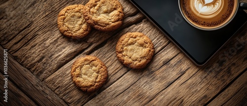 Top view of a wooden table with a phone, a pen, a coffee mug, and chocolate chip cookies on the side. 