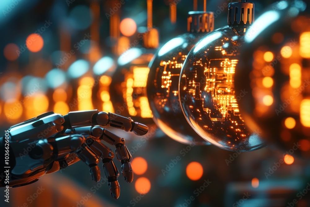 Metal hand admiring orange circuit-etched decorations Metal hand admiring orange circuit-etched decorations