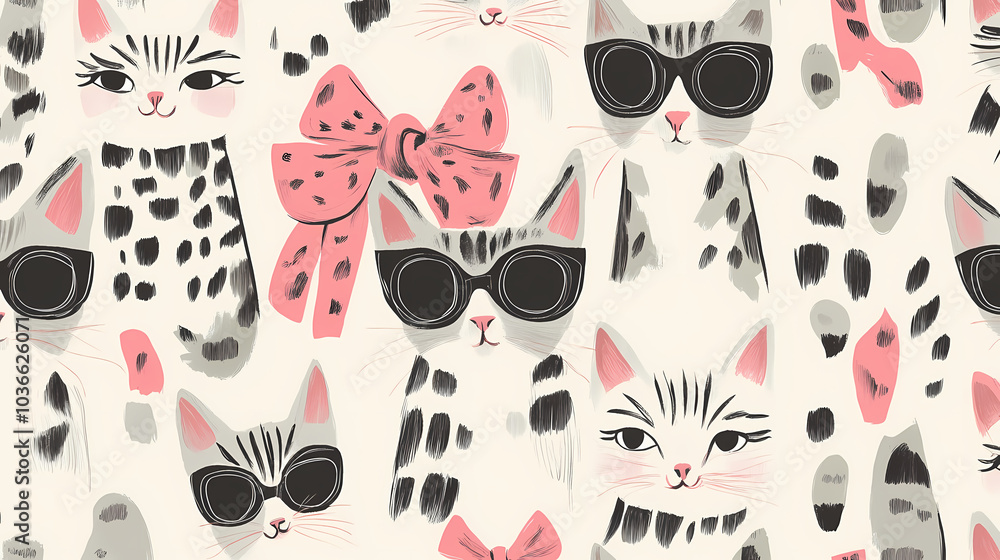 Seamless pattern with cute fashionable cats. Vector graphics. Seamless pattern with cute fashionable cats. Vector graphics.