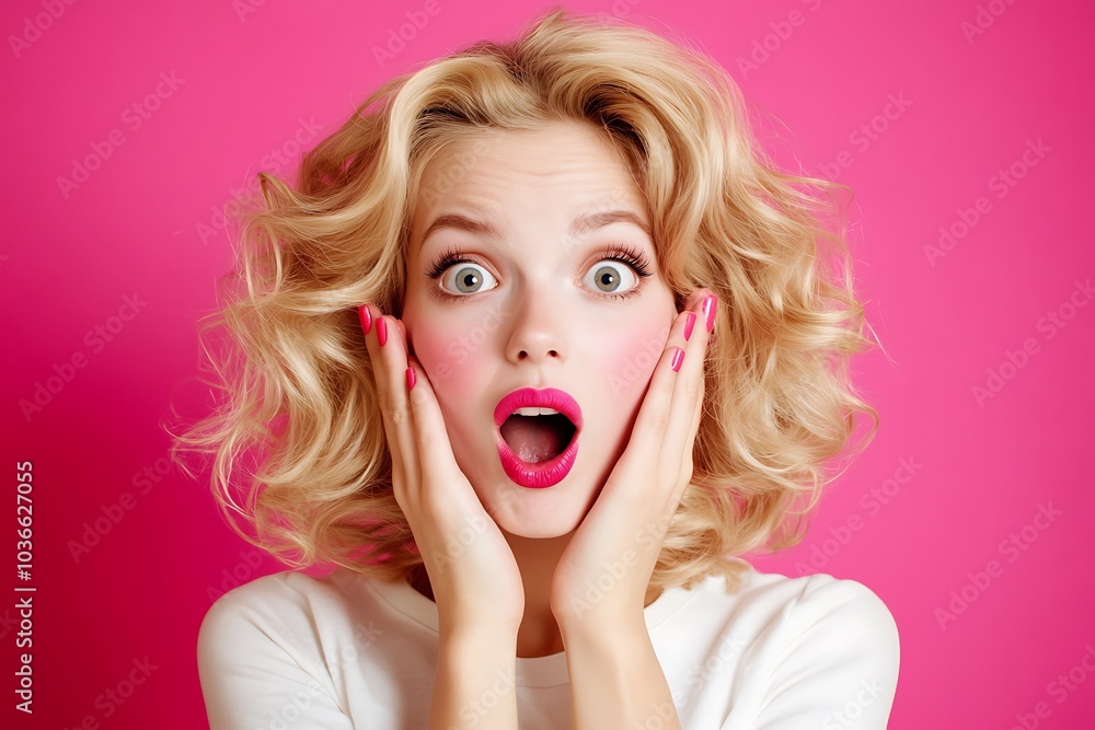 Surprised Blonde Woman with Vibrant Makeup on Pink Background Surprised Blonde Woman with Vibrant Makeup on Pink Background