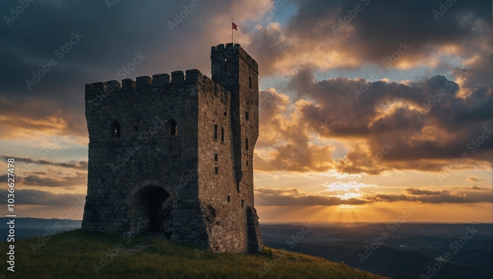 The archer tower is surrounded by lush green fields The archer tower is surrounded by lush green fields