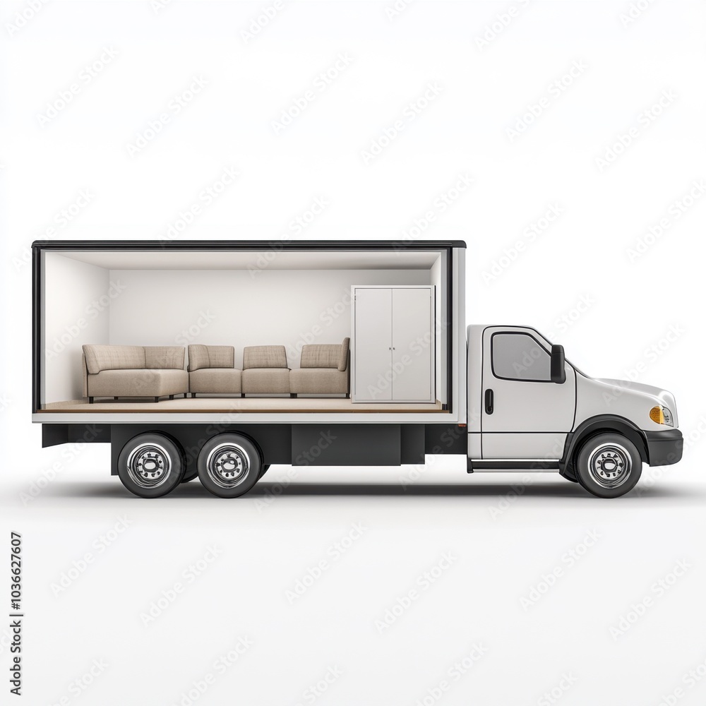 Furniture truck with exposed interior showing sofas and cabinets for home moving service Furniture truck with exposed interior showing sofas and cabinets for home moving service