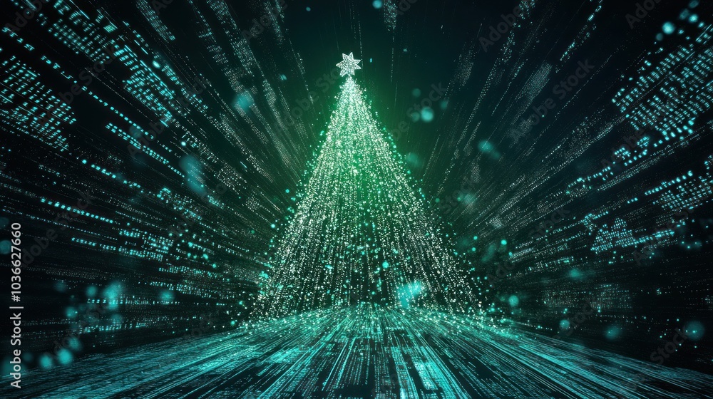 Fototapeta premium Vibrant Green Digital Tree in Dynamic Light Composition