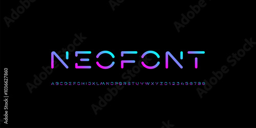 Technology font, digital cyber neon alphabet