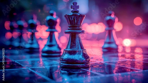 A black chess queen stands on a board, illuminated by pink and blue lights. photo