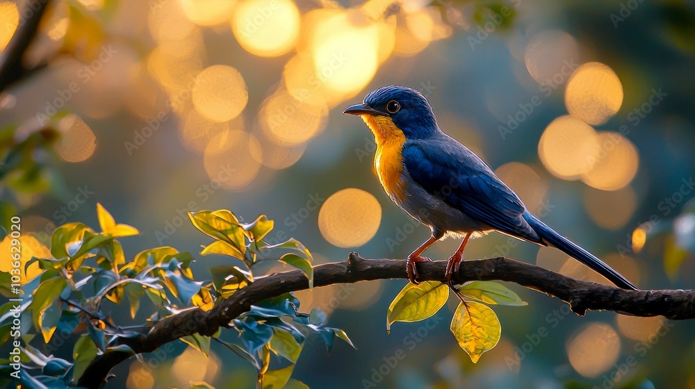 A blue and yellow bird perches on a branch with a bokeh background of golden light. A blue and yellow bird perches on a branch with a bokeh background of golden light.