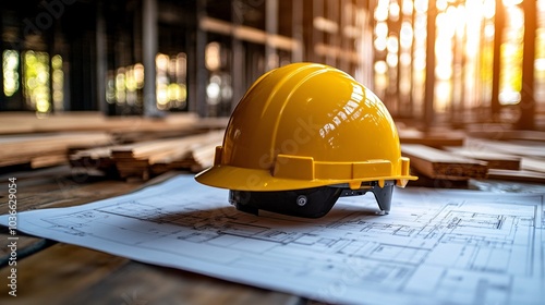 Close-Up of Yellow Safety Helmet on Blueprint