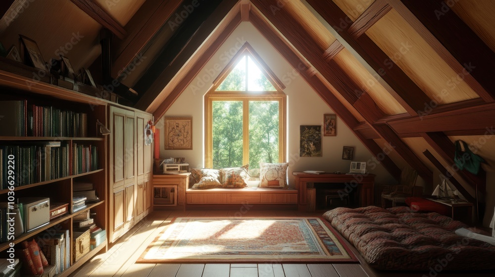 Sunlight streams through a window in an attic room with wooden beams, bookshelves, a rug, and a futon. Sunlight streams through a window in an attic room with wooden beams, bookshelves, a rug, and a futon.