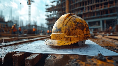 Yellow Helmet on Blueprint at Construction Site photo