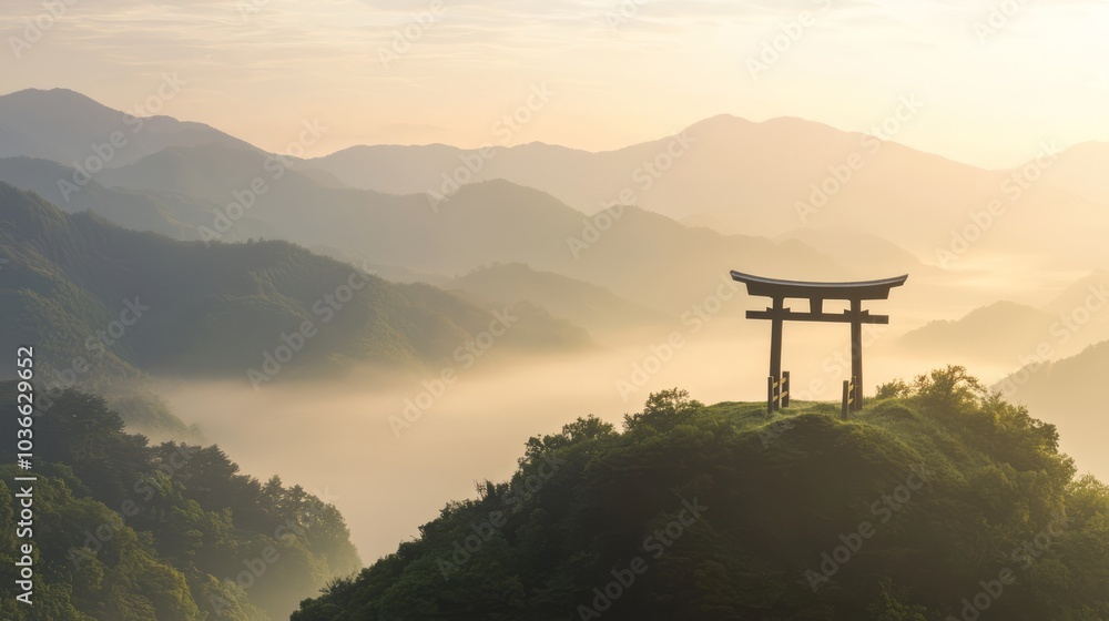 Mystical Morning in Ancient Japan: Tranquil Mountain Landscape with Lone Torii Gate Viewing Misty Valley Below Mystical Morning in Ancient Japan: Tranquil Mountain Landscape with Lone Torii Gate Viewing Misty Valley Below
