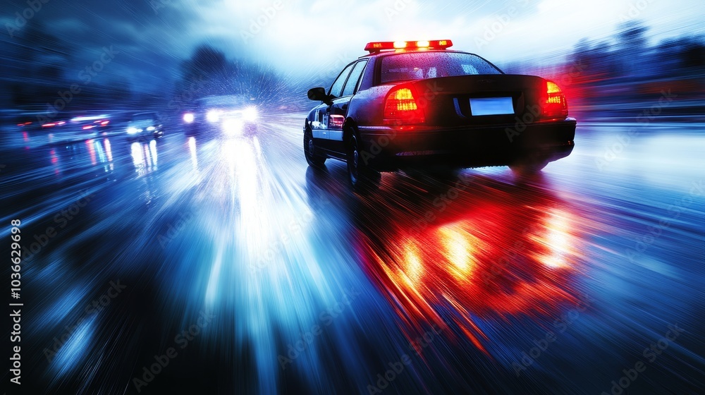 A police car with flashing lights drives through rain-soaked streets at night. A police car with flashing lights drives through rain-soaked streets at night.